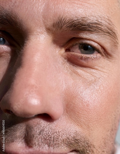 Detailed Close-Up of Mature Man's Face with Warm Expression and natural lighting