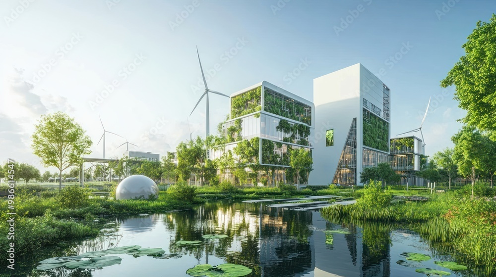 A modern sustainable industry scene with advanced eco-friendly technology, green energy sources and minimal environmental impact, set against a clear sky with vibrant greenery surrounding the facility A modern sustainable industry scene with advanced eco-friendly technology, green energy sources and minimal environmental impact, set against a clear sky with vibrant greenery surrounding the facility