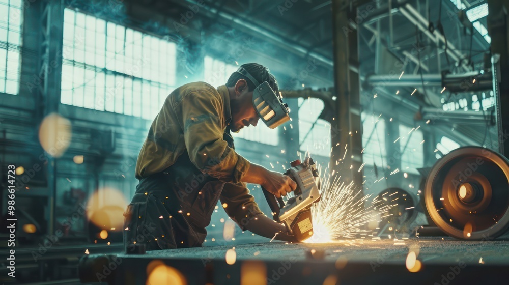 A Worker in heavy industrial engineering factory interior with worker using angle grinder and cutting metal photorealistic studio lighting. A Worker in heavy industrial engineering factory interior with worker using angle grinder and cutting metal photorealistic studio lighting.