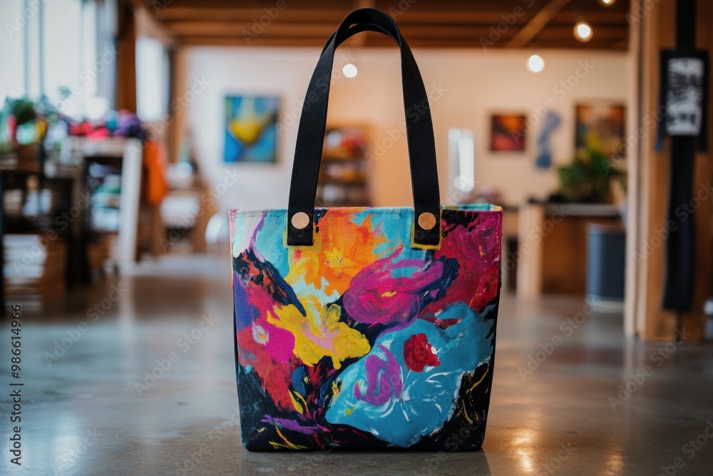custom made wallpaper toronto digitalColorful Floral Canvas Tote Bag with Black Straps and Wooden Buttons