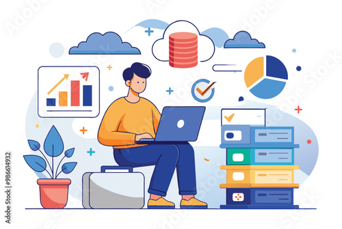 A person sits cross-legged, using a laptop to analyze cloud data, while charts and files surround them, Analyzing data in cloud storage using a simple illustration.