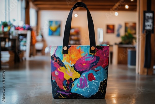 Wallpaper Mural Colorful Floral Canvas Tote Bag with Black Straps and Wooden Buttons Torontodigital.ca