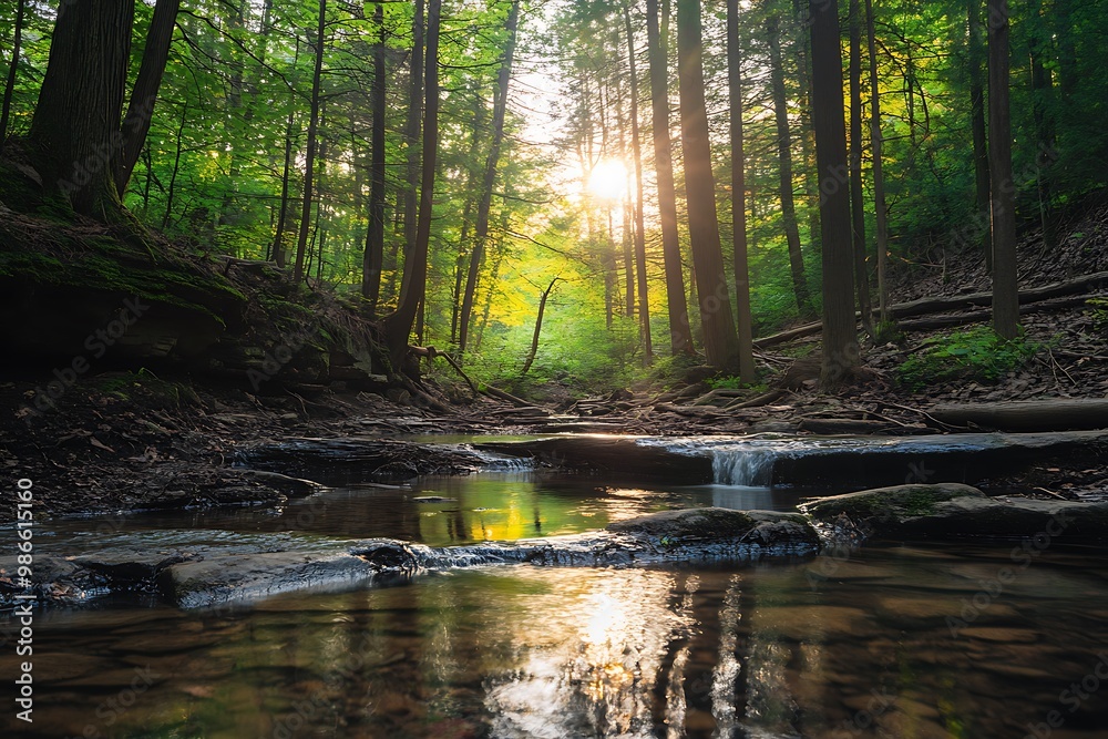 Sun shining through forest canopy on a stream with flowing water and rocks Sun shining through forest canopy on a stream with flowing water and rocks