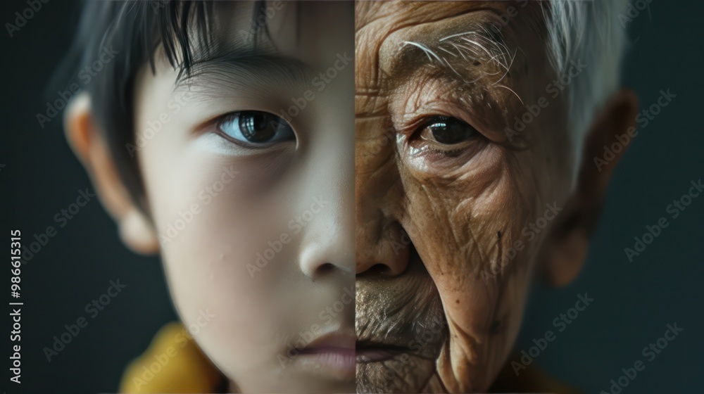 The face is divided into two halves - half of an Asian boy and half of an old Asian man. Distinguishing childhood and old age, aging, maturation, longevity, lifespan, aging, gerontology. The face is divided into two halves - half of an Asian boy and half of an old Asian man. Distinguishing childhood and old age, aging, maturation, longevity, lifespan, aging, gerontology.
