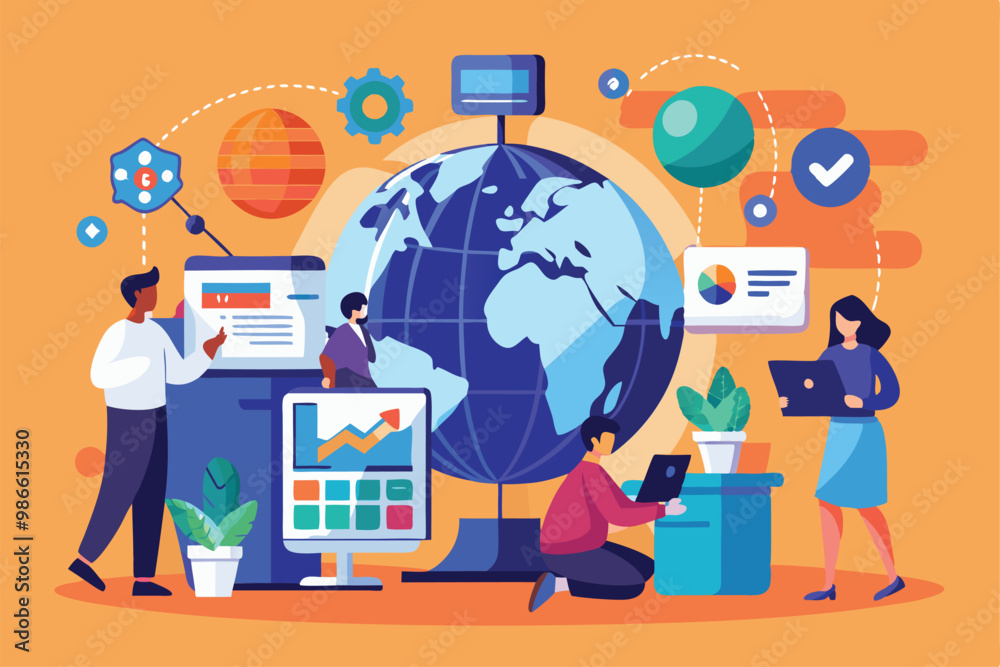 Individuals collaborate using a globe and computer while analyzing data through various digital tools, Analyzing data using people, globe, and computer illustrations. Individuals collaborate using a globe and computer while analyzing data through various digital tools, Analyzing data using people, globe, and computer illustrations.