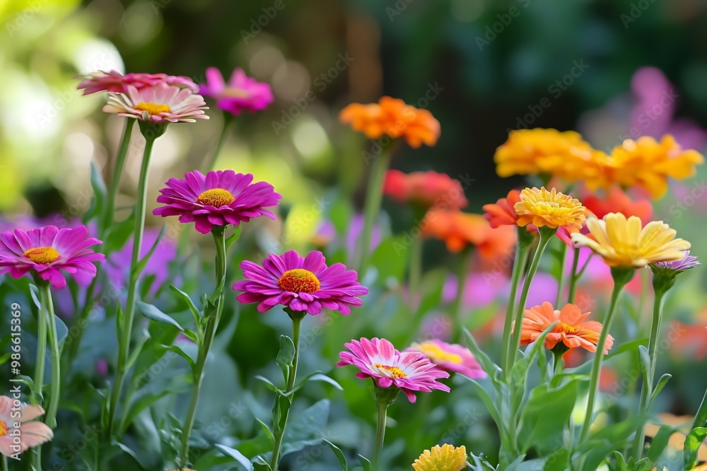Closeup of colorful daisy flowers in a field, green background, blooming, spring, summer Closeup of colorful daisy flowers in a field, green background, blooming, spring, summer