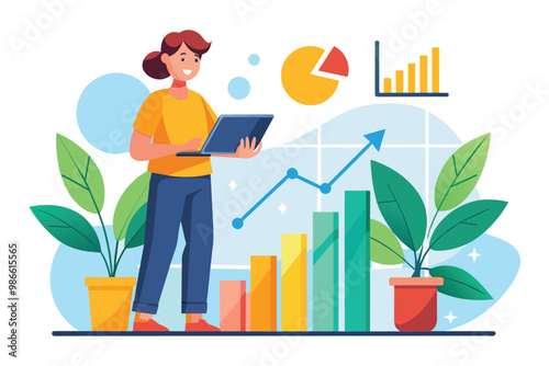 A person reviews a growth chart on a laptop while plants and colorful graphs are nearby, Analyzing growth chart with a flat illustration.