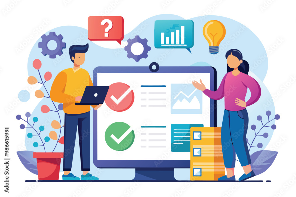 Two characters examine tablet issues, discussing charts and solutions in a colorful digital workspace, Analyzing tablet issues with a flat illustration. Two characters examine tablet issues, discussing charts and solutions in a colorful digital workspace, Analyzing tablet issues with a flat illustration.
