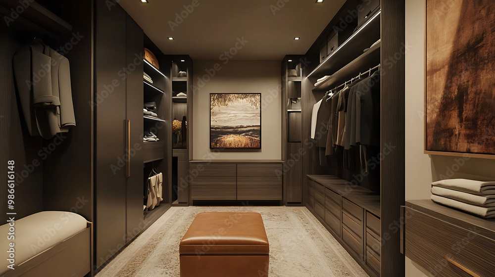 Contemporary Wardrobe Room Showcasing Generous Storage Options, Modern Furniture, and Stylish Wall Art for a Polished Look Contemporary Wardrobe Room Showcasing Generous Storage Options, Modern Furniture, and Stylish Wall Art for a Polished Look