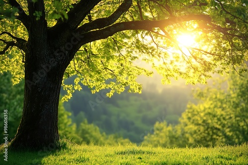 Sunrise through tree branches in green forest with bright sunlight and lens flare