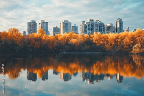 City skyline reflected in autumn lake, nature and urban landscape harmony