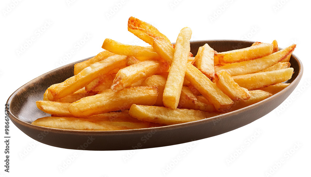 A set of golden potato fries arranged neatly, isolated against a clean white background A set of golden potato fries arranged neatly, isolated against a clean white background