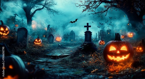 Jack O' Lanterns In Graveyard In The Spooky Night - Halloween Backdrop