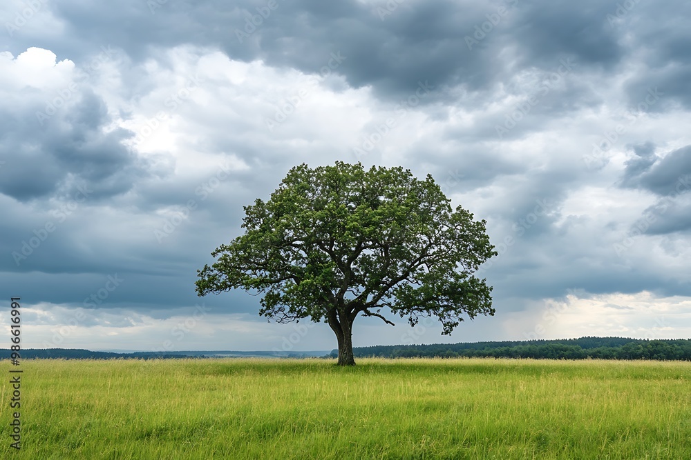 Obraz premium Lonely Tree Standing in a Field Under a Cloudy Sky