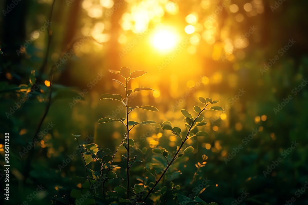 Sunrise through the trees in a forest, with leaves in focus and sun out of focus Sunrise through the trees in a forest, with leaves in focus and sun out of focus