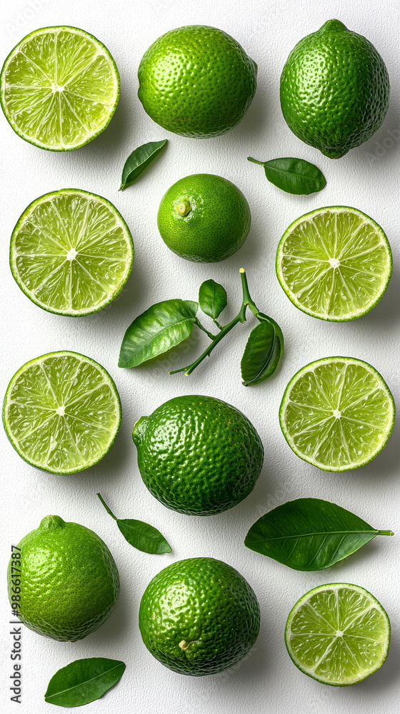 Limes and leaves arranged on a white background. Limes and leaves arranged on a white background.