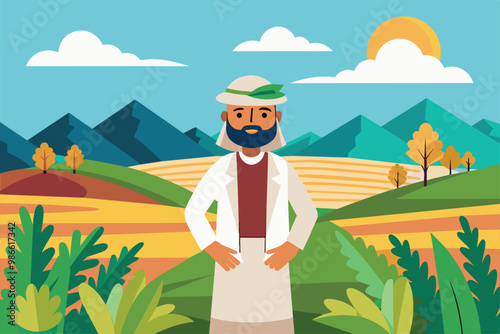 A dedicated Arab farmer surveys his lush fields filled with bright crops under a sunny sky, Arab farmer in field, flat illustration.