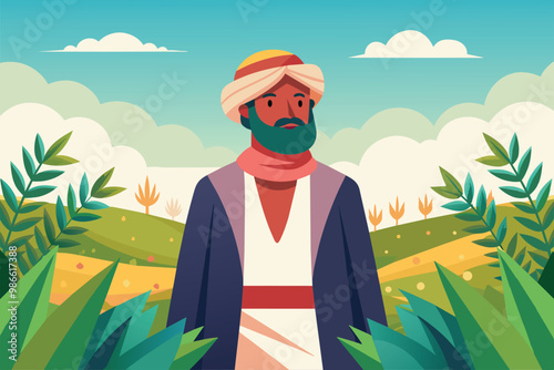 An Arab farmer stands amidst lush greenery, tending to his crops under a clear blue sky, Arab farmer in field, flat illustration.