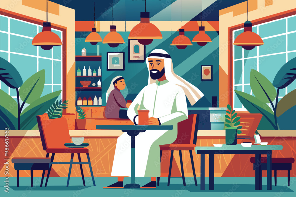 An Arabic man sits in a cozy cafe, sipping his coffee while a woman serves customers in the background, Arab man in traditional cafe, flat illustration. An Arabic man sits in a cozy cafe, sipping his coffee while a woman serves customers in the background, Arab man in traditional cafe, flat illustration.