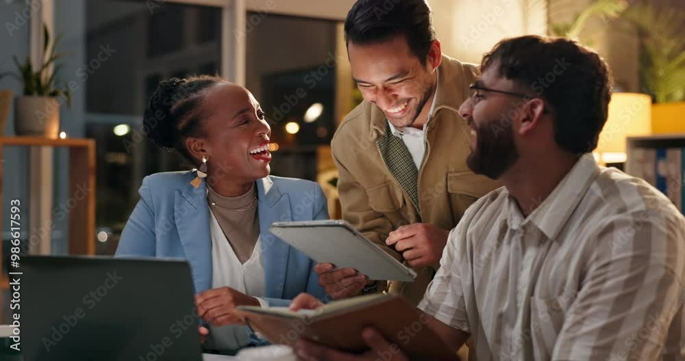 Teamwork, night and happy with business people in office working on merger, brainstorming and startup launch. Collaboration, creative agency and technology with employees and project management