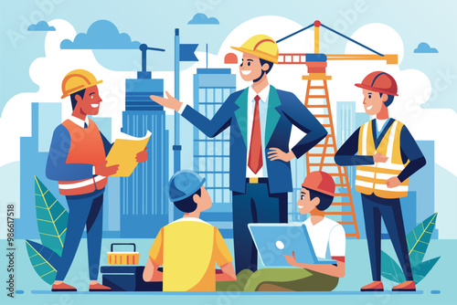 An architect is advising construction workers on a building project in an urban environment, Architect advises workers on building structure, flat drawing