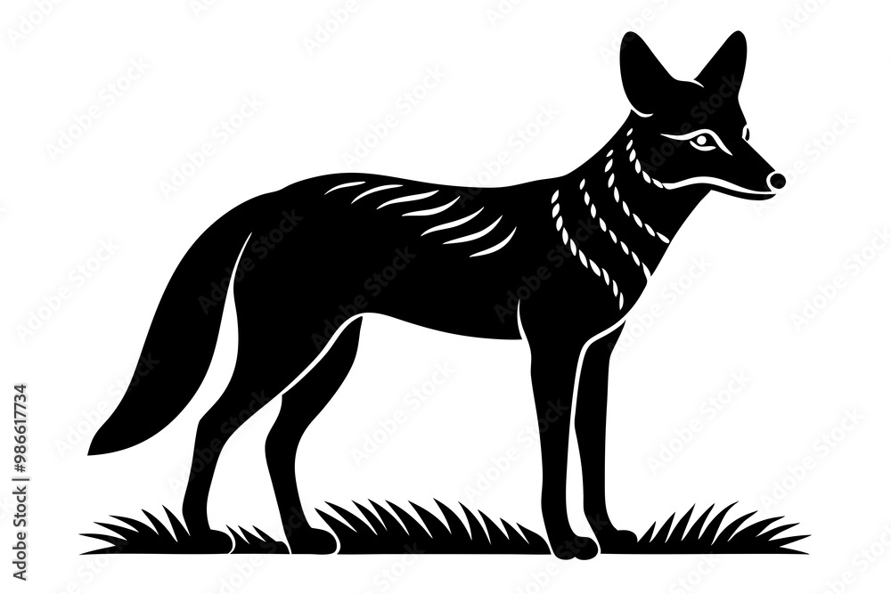 A detailed vector illustration of a Black-backed Jackal standing in the grassland of the African Savanna, capturing its wild and agile nature in a natural habitat setting. A detailed vector illustration of a Black-backed Jackal standing in the grassland of the African Savanna, capturing its wild and agile nature in a natural habitat setting.