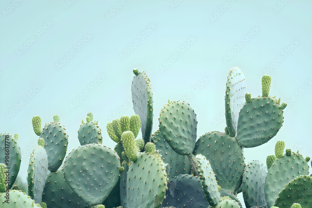 Prickly pear cacti on a light blue background with copy space. Floral background with space for text