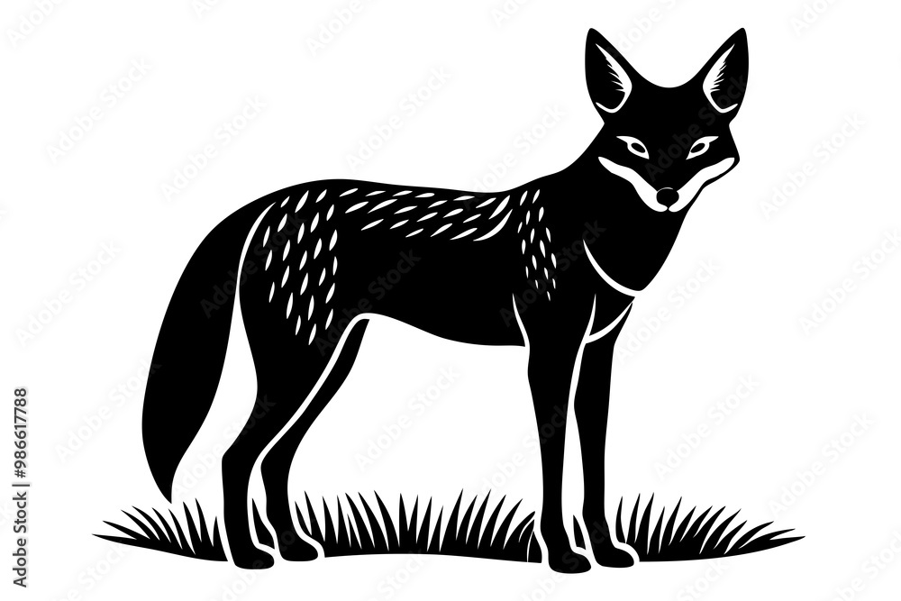 Obraz premium A detailed vector illustration of a Black-backed Jackal standing in the grassland of the African Savanna, capturing its wild and agile nature in a natural habitat setting.