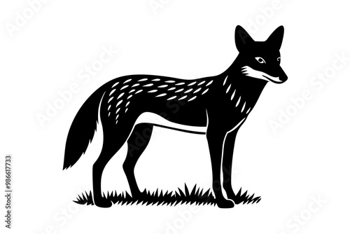 A detailed vector illustration of a Black-backed Jackal standing in the grassland of the African Savanna, capturing its wild and agile nature in a natural habitat setting.