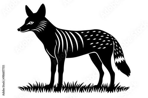 A detailed vector illustration of a Black-backed Jackal standing in the grassland of the African Savanna, capturing its wild and agile nature in a natural habitat setting.