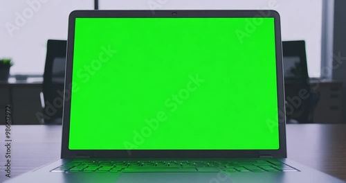 Mockup green screen of a laptop in a office