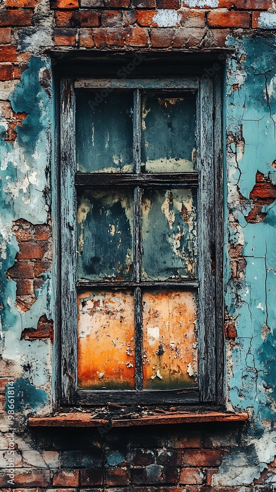 Old, weathered window on a brick wall with peeling paint. Grunge, rustic, vintage style. Old, weathered window on a brick wall with peeling paint. Grunge, rustic, vintage style.