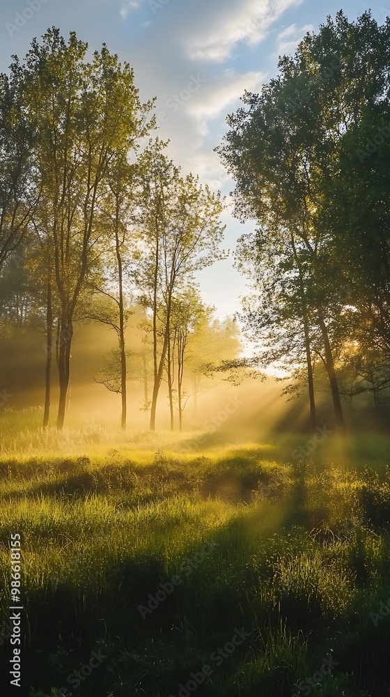Golden sunrise in a forest with fog, creating a mystical and dreamy atmosphere. Golden sunrise in a forest with fog, creating a mystical and dreamy atmosphere.