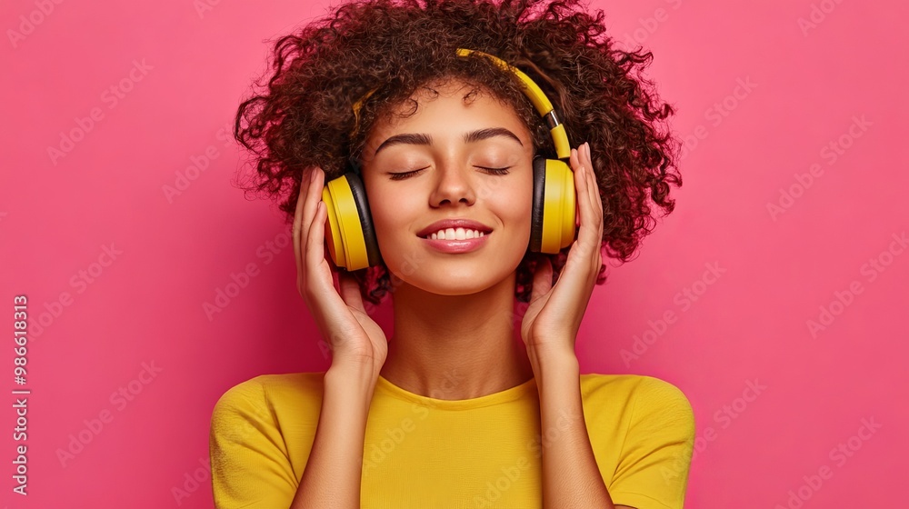Beautiful woman enjoys music, eyes closed. Beautiful woman enjoys music, eyes closed.
