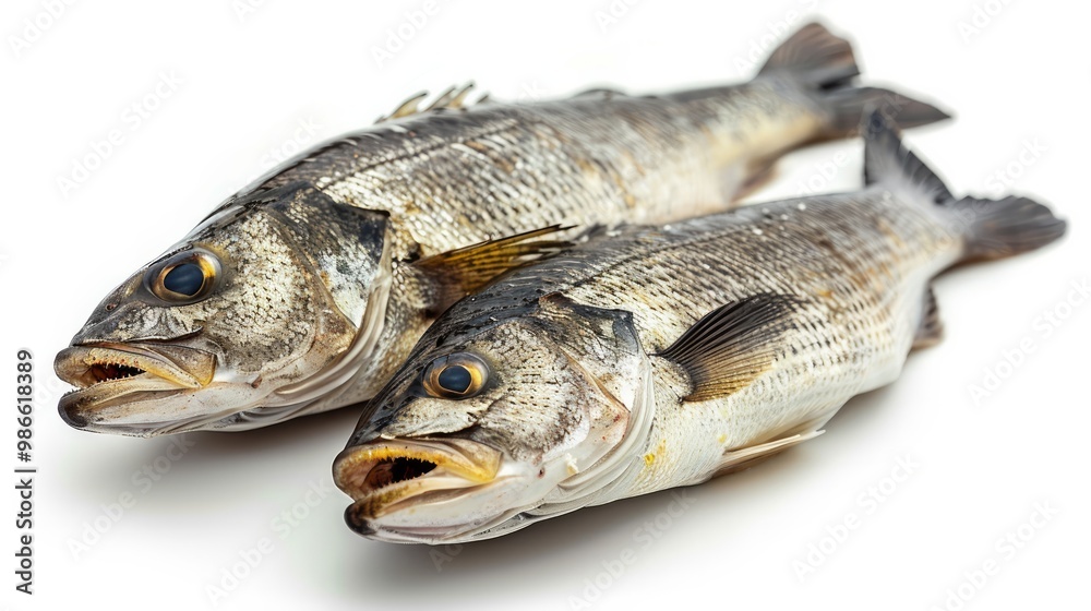 A close-up of two fresh, uncooked fish placed side by side on a clean white background A close-up of two fresh, uncooked fish placed side by side on a clean white background
