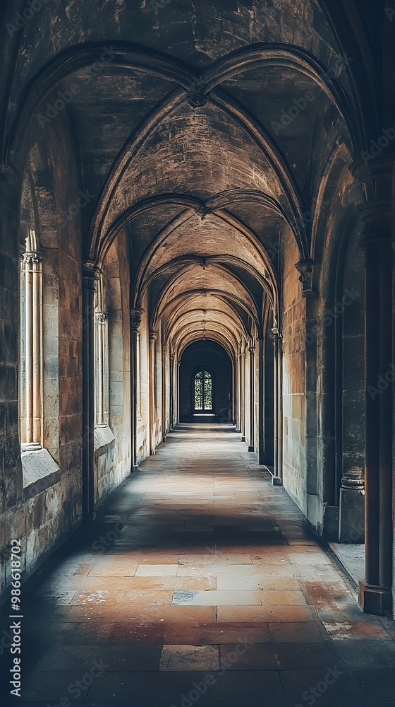 Long, dark hallway with arched ceiling and windows. Abstract background for mystery, history, and gothic themed projects. Long, dark hallway with arched ceiling and windows. Abstract background for mystery, history, and gothic themed projects.