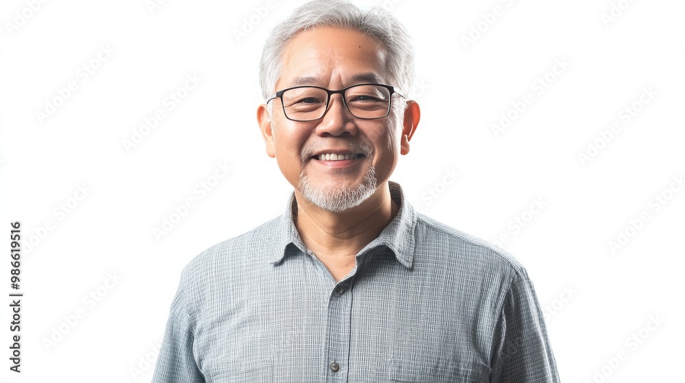 Smiling Asian elder poses on white background. Smiling Asian elder poses on white background.