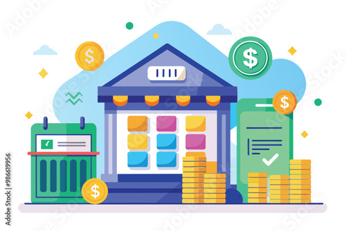 A colorful graphic shows a bank with a calendar and coins, highlighting a cash withdrawal schedule, Bank cash withdrawal schedule, flat illustration