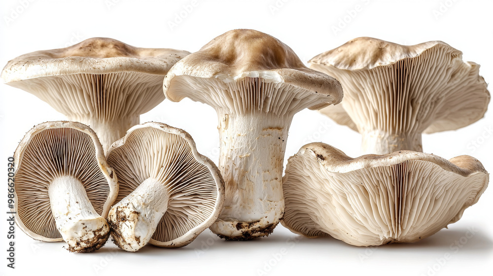 A group of five mushrooms, arranged in a line, sit on a white surface. A group of five mushrooms, arranged in a line, sit on a white surface.