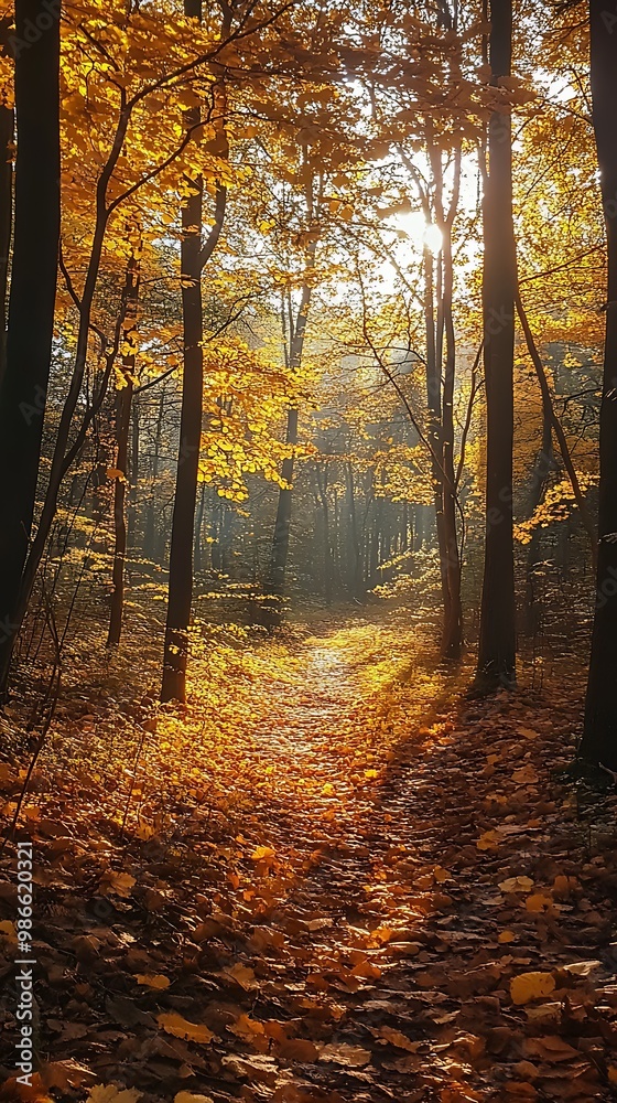 Obraz premium Autumn Forest Path with Sunlight Streaming Through Trees