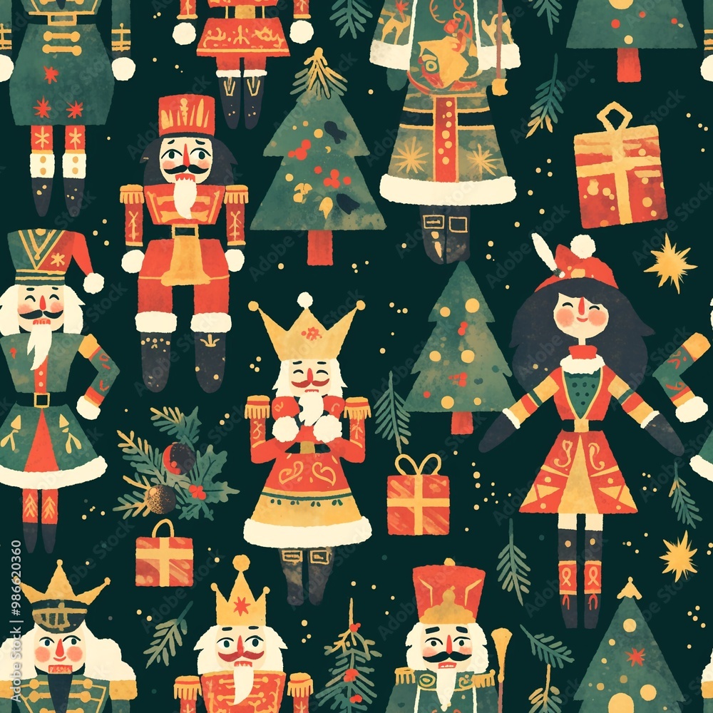 Fototapeta premium A seamless pattern with a Christmas theme. Nutcrackers, on a dark green background. Gift boxes, Christmas trees and snowflakes are also visible, creating a festive Christmas atmosphere. 
