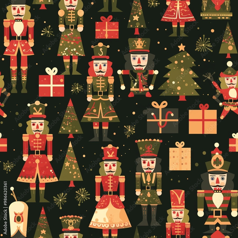 A seamless pattern with a Christmas theme. Nutcrackers, on a dark green background. Gift boxes, Christmas trees and snowflakes are also visible, creating a festive Christmas atmosphere. A seamless pattern with a Christmas theme. Nutcrackers, on a dark green background. Gift boxes, Christmas trees and snowflakes are also visible, creating a festive Christmas atmosphere.
