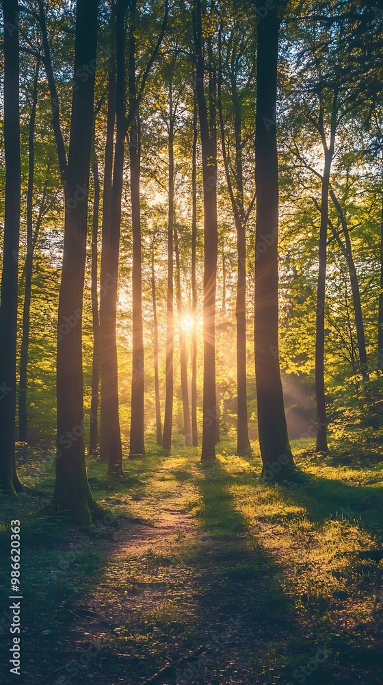 Golden Hour Sunlight Shining Through Forest Trees Golden Hour Sunlight Shining Through Forest Trees