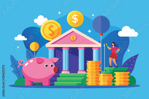 A vibrant depiction of saving money featuring a piggy bank and stacks of coins in a bank environment, Bank savings, flat drawing