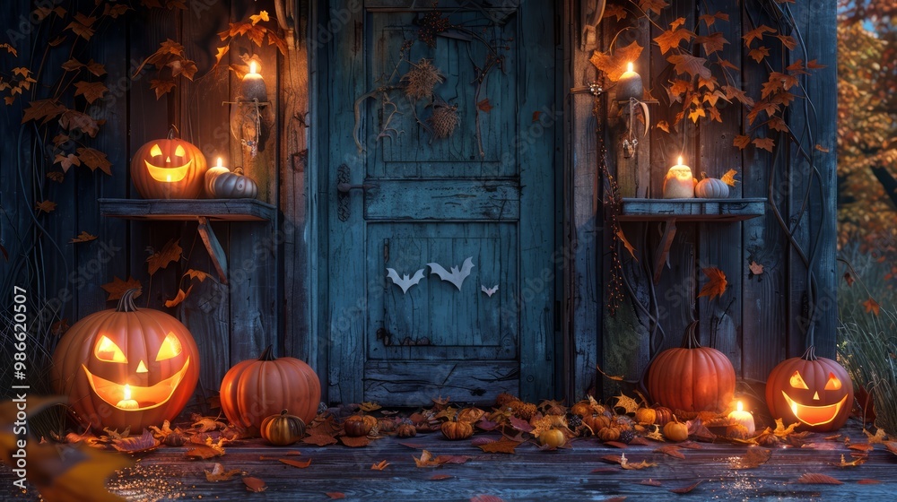 Door with pumpkins and candles on the porch.Halloween background with copy of space Door with pumpkins and candles on the porch.Halloween background with copy of space