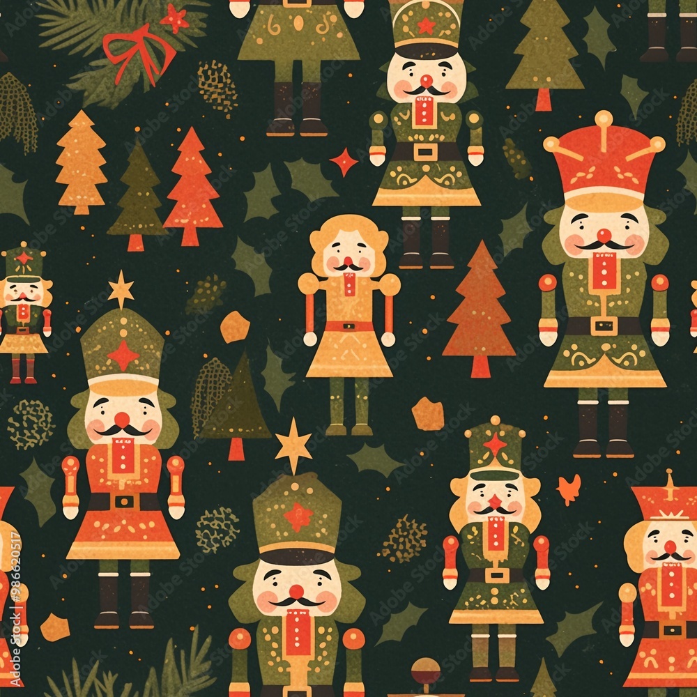 Fototapeta premium A seamless pattern with a Christmas theme. Nutcrackers, on a dark green background. Gift boxes, Christmas trees and snowflakes are also visible, creating a festive Christmas atmosphere. 