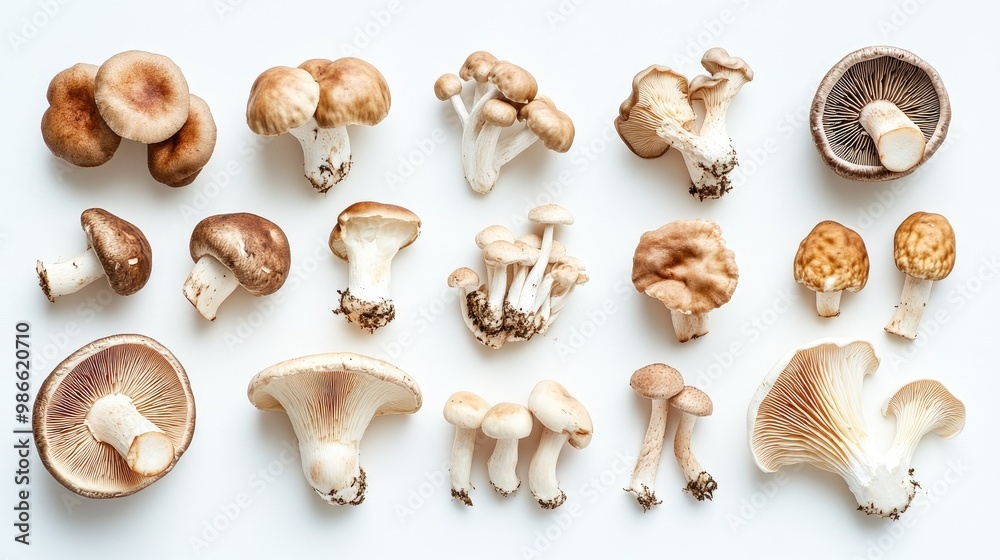 A set of fresh, juicy mushrooms laid out on a white background, showcasing their texture and variety, ready for cooking or garnishing. A set of fresh, juicy mushrooms laid out on a white background, showcasing their texture and variety, ready for cooking or garnishing.