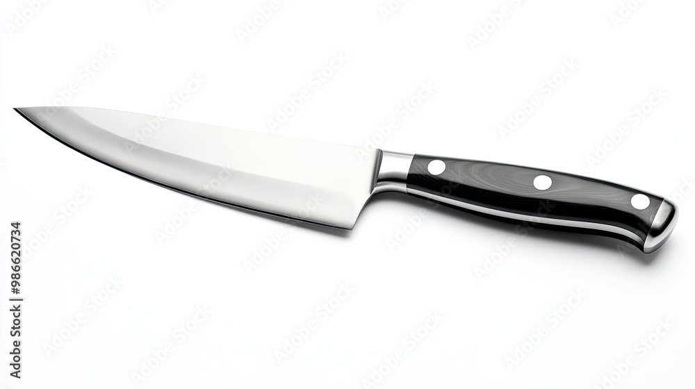 A sharp, large kitchen knife isolated on a clean white background, showcasing its polished blade and ergonomic handle. A sharp, large kitchen knife isolated on a clean white background, showcasing its polished blade and ergonomic handle.