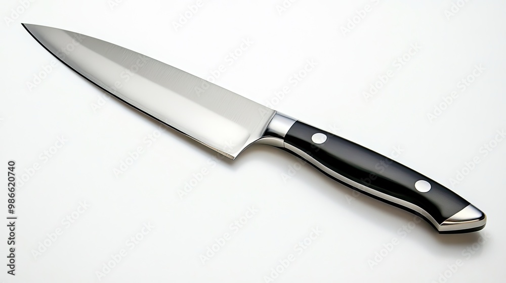 A sharp, large kitchen knife isolated on a clean white background, showcasing its polished blade and ergonomic handle. A sharp, large kitchen knife isolated on a clean white background, showcasing its polished blade and ergonomic handle.