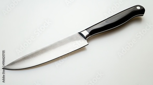 A sharp, large kitchen knife isolated on a clean white background, showcasing its polished blade and ergonomic handle.